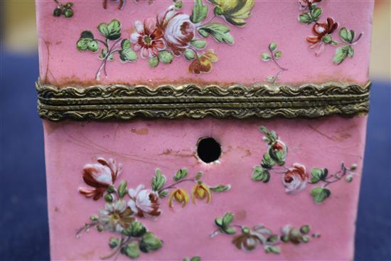 Two tortoiseshell etuis, a tortoiseshell case, a 19th century walnut snuff box and and enamel porcelain etui